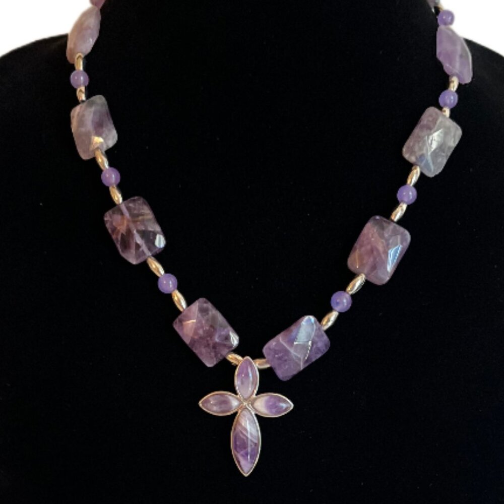 Handcrafted Amethyst Beaded Necklace with Cross Pendant